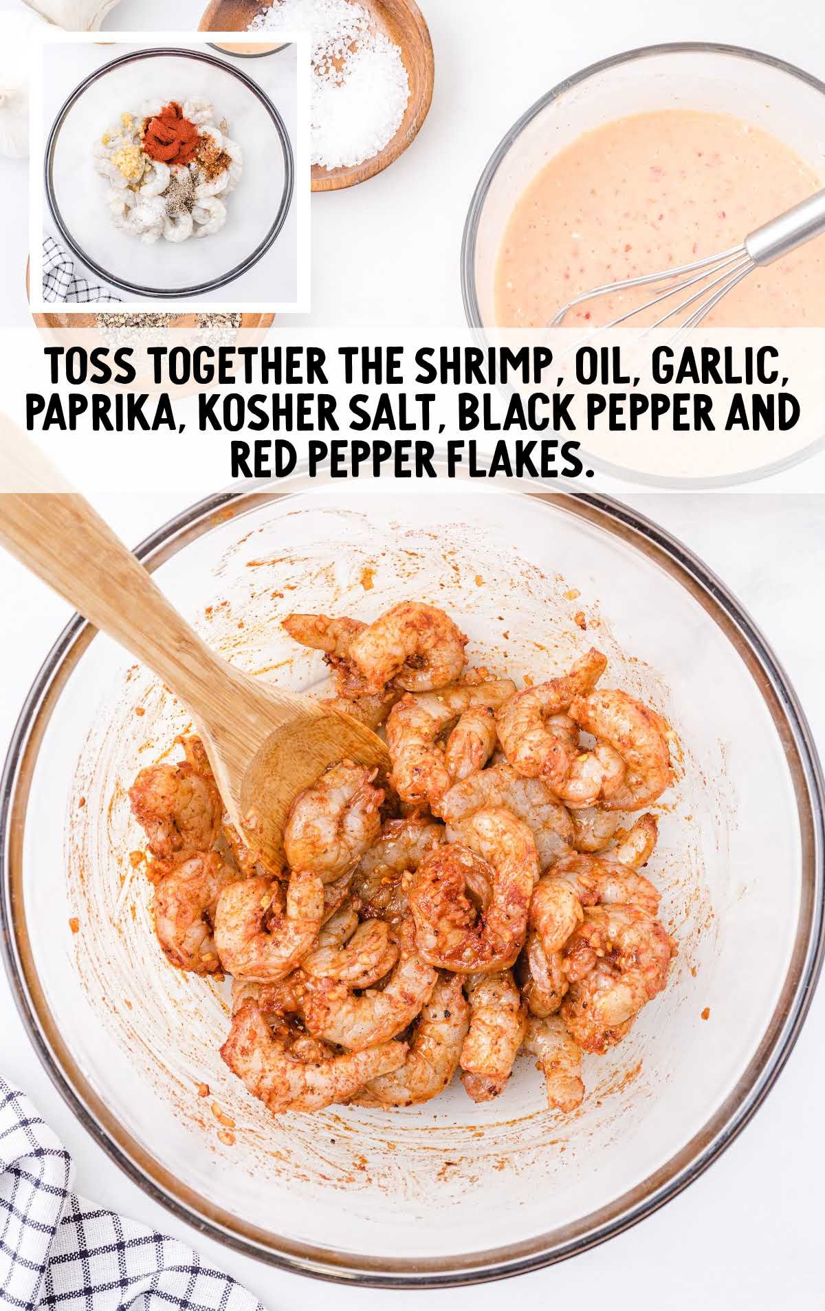bang bang shrimp pasta process shot of shrimp and seasonings in a bowl