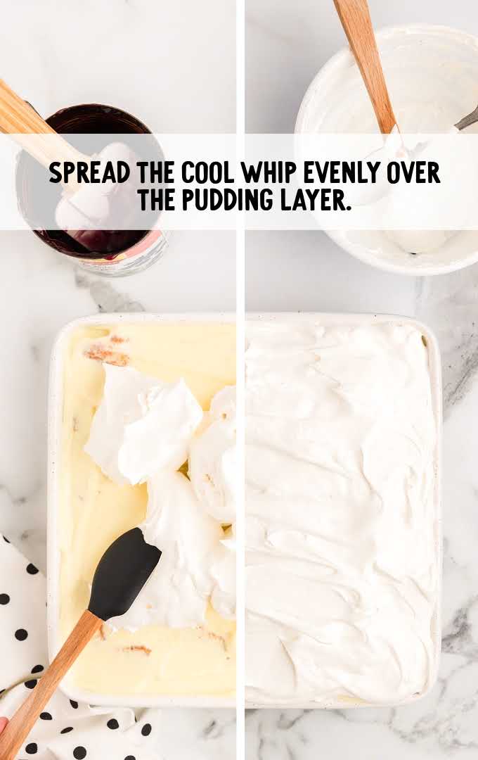 blueberry angel food cake process shot of cool whip being spread over pudding layer