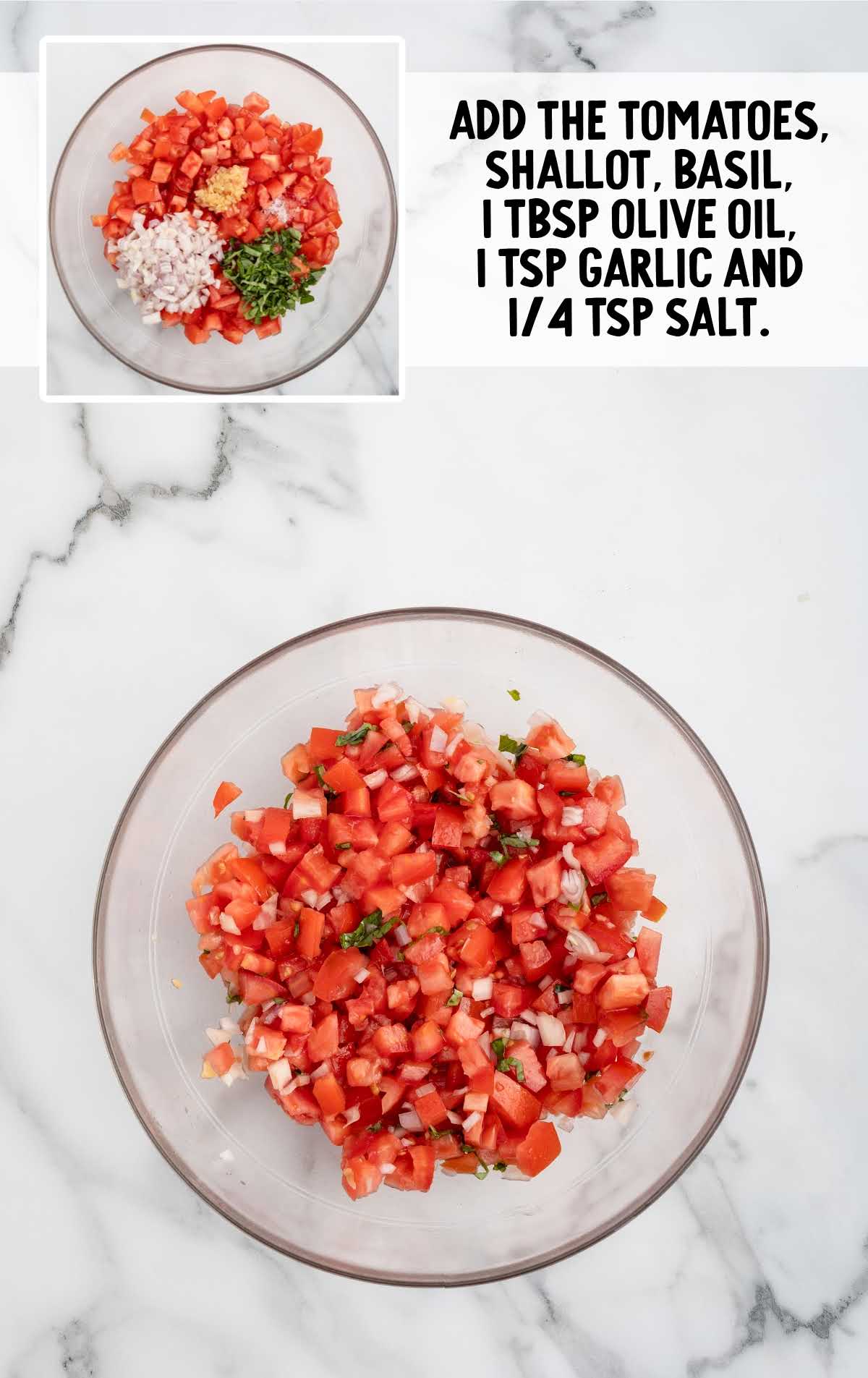 Roma tomatoes, minced shallot, chopped fresh basil, olive oil, minced garlic, and salt combined in a bowl