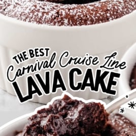 The best Carnival Cruise Line lava cake shown with a spoonful of gooey chocolate from a freshly baked ramekin.