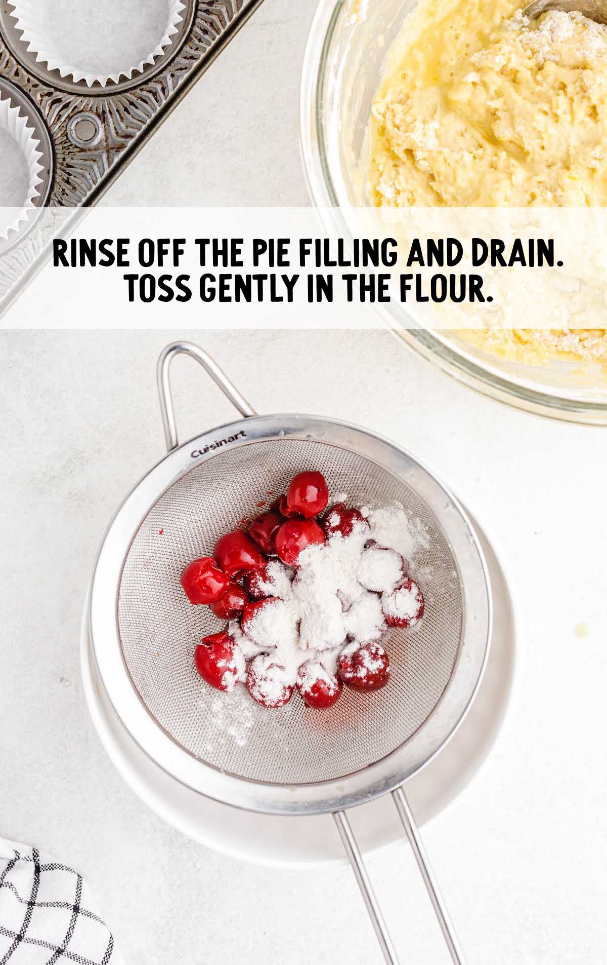 cherries being drained and topped with flour