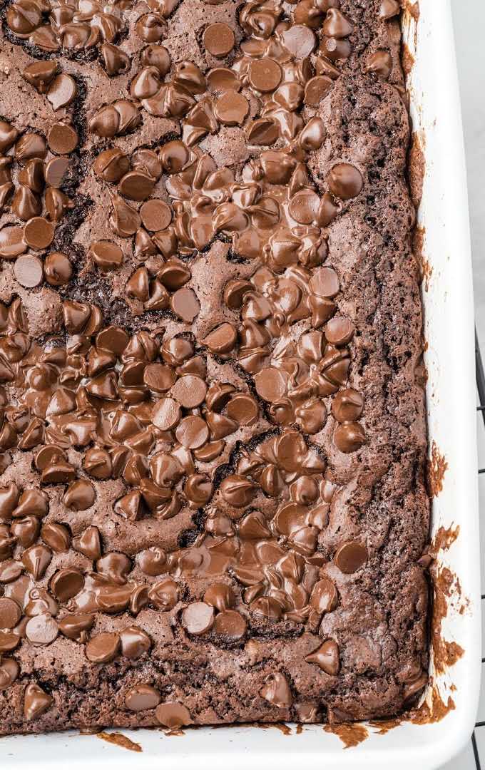 close up overhead shot of chocolate dump cake with chocolate chips on top in a pan