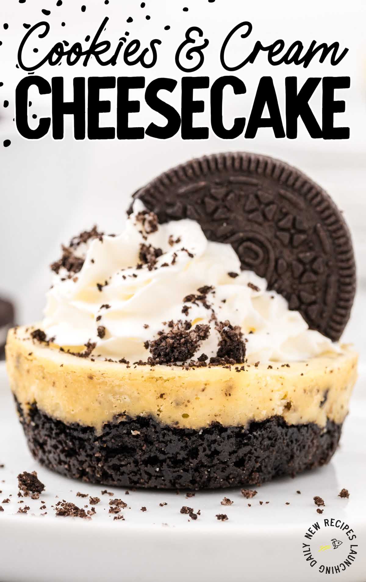 cookies and cream cheesecakes with a Oreo cookie on top on a plate