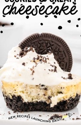 cookies and cream cheesecakes with a Oreo cookie on top on a plate with a piece taken out of it