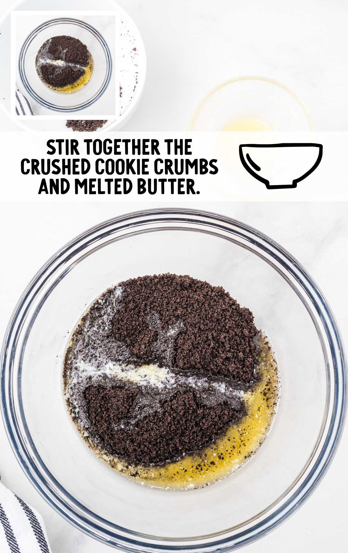 crushed cookies crumbs and melted butter stirred together in a bowl