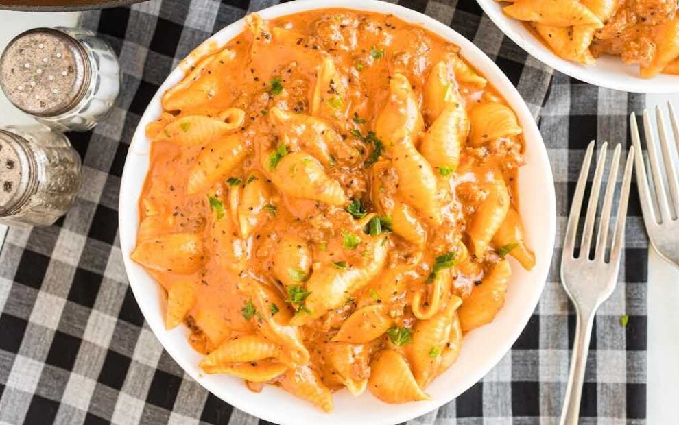 close up overhead shot of a bowl of Creamy Beef and Shells