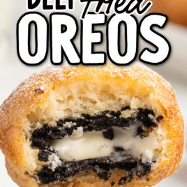 Close-up of golden deep-fried Oreos with a creamy cookie center, stacked on a plate and shown in cross-section. Bold text reads Deep Fried Oreos – try this Vintage Recipe!.