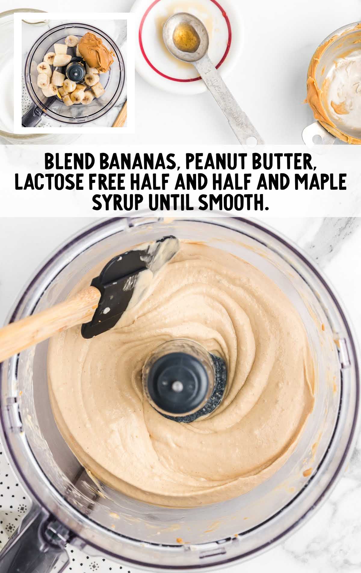 peanut butter, maple syrup, and lactose-free half and half combined in a blender 
