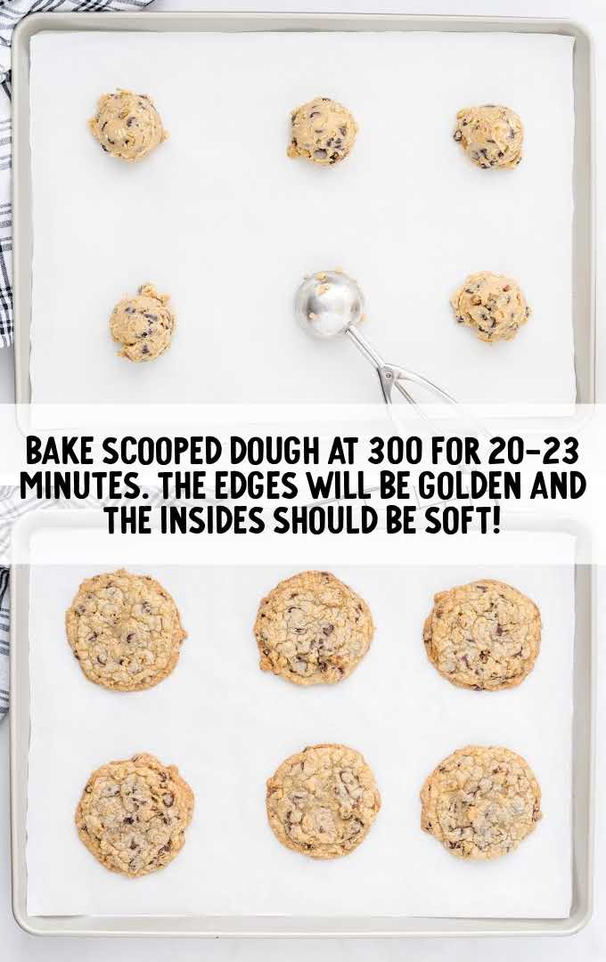 scoops of cookie dough placed on a parchment lined baking sheet then baked