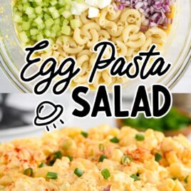 close up shot of Egg Pasta Salad ingredients and a close up shot of Egg Pasta Salad