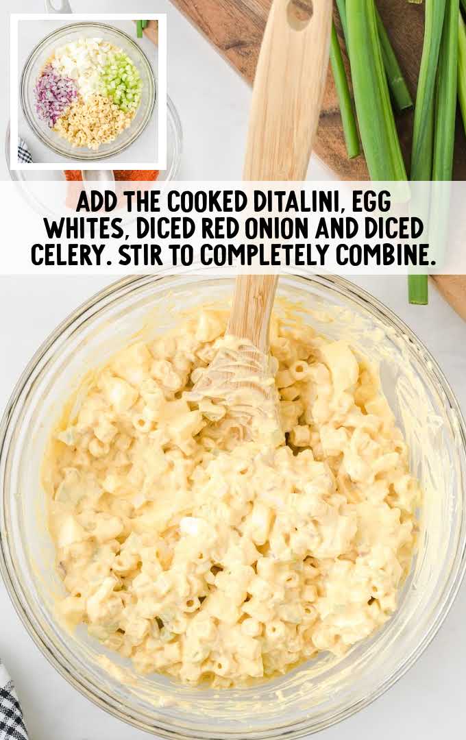 egg pasta salad process shot of ingredients in a bowl