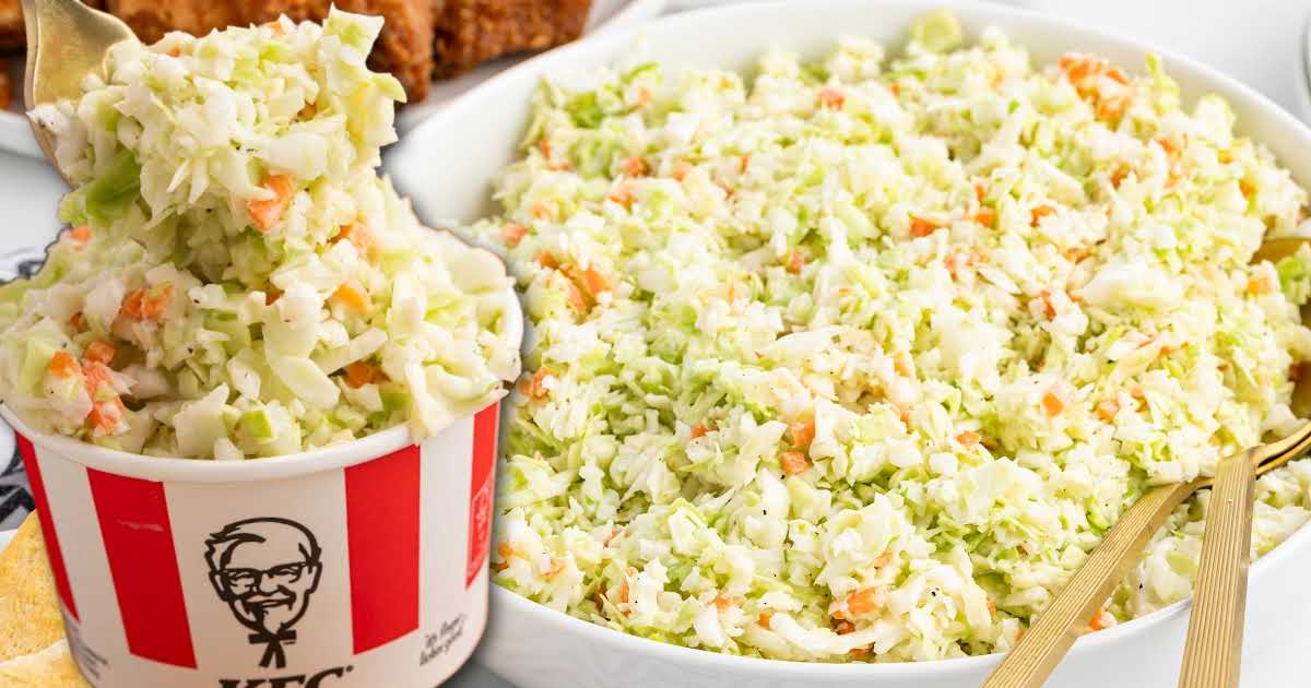 KFC copycat coleslaw served in a branded bucket alongside a large white serving bowl of coleslaw with golden utensils.
