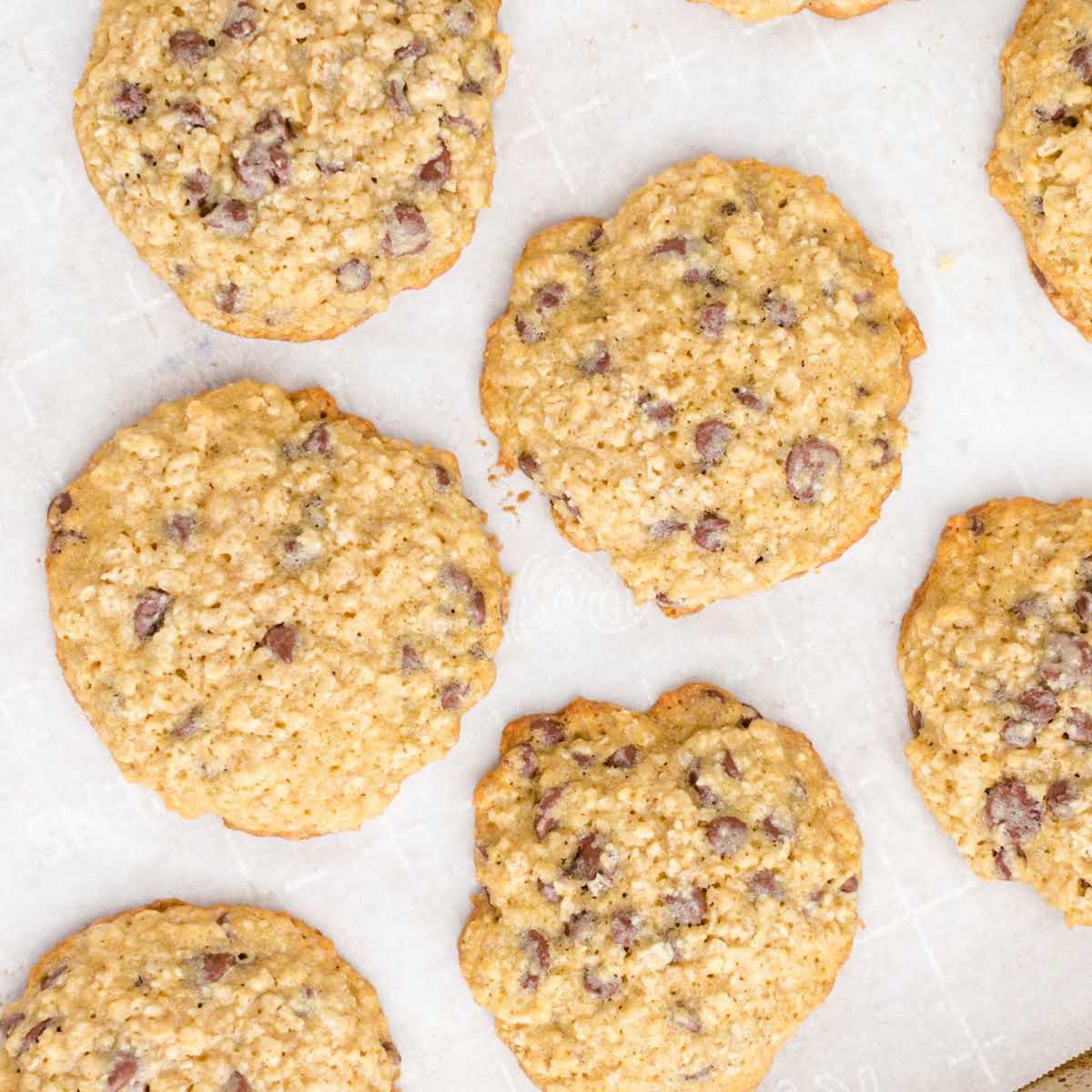 overhead shot of Oatmeal Chocolate Chip Cookies on a wooden board