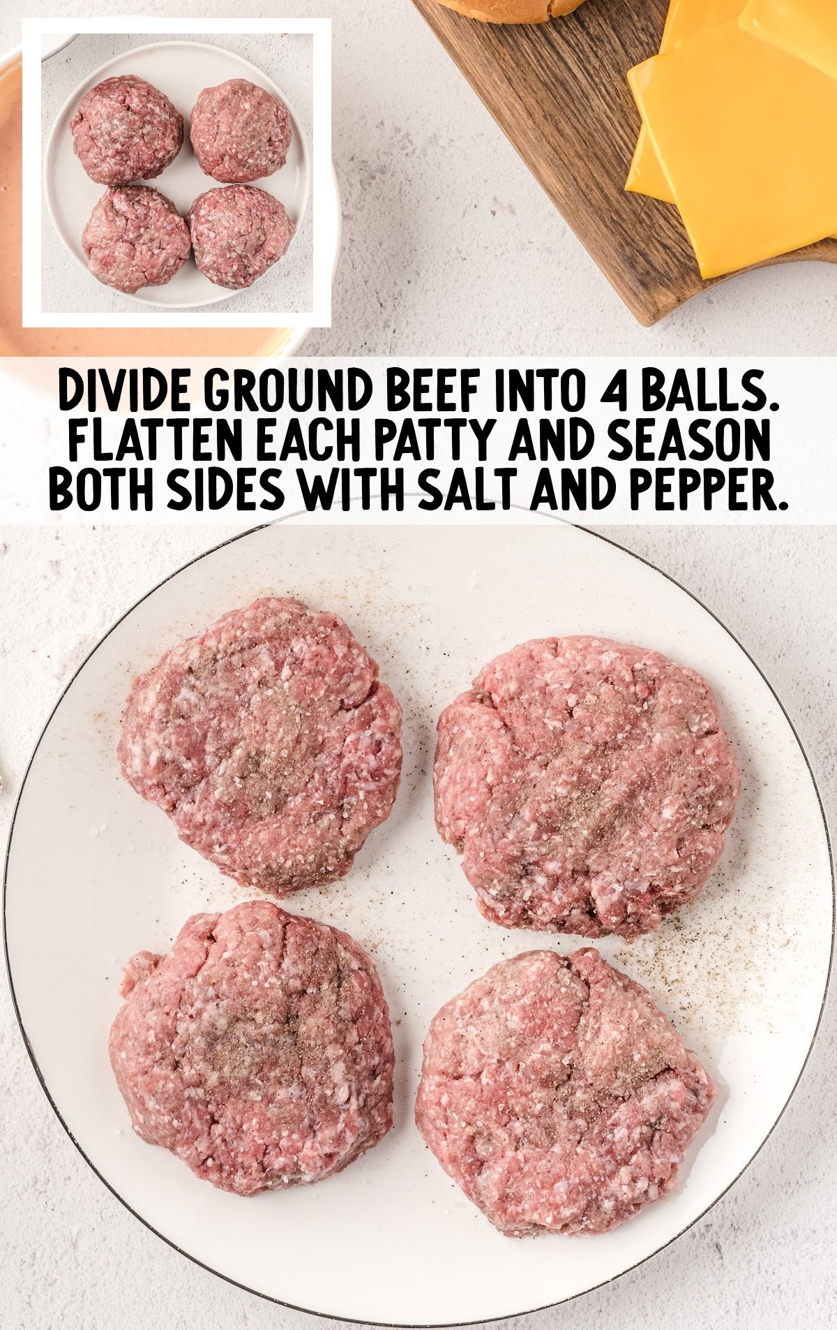 beef balls flattened into burgers and seasoned on a plate