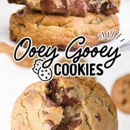 Pinterest graphic with “Ooey Gooey Cookies” text and a close-up of cookies with melted chocolate chips.