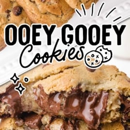 Tall Pinterest image of crisp and gooey chocolate chip cookies with text overlays “Moist and Chewy Inside” and “Crisp on the Outside.”