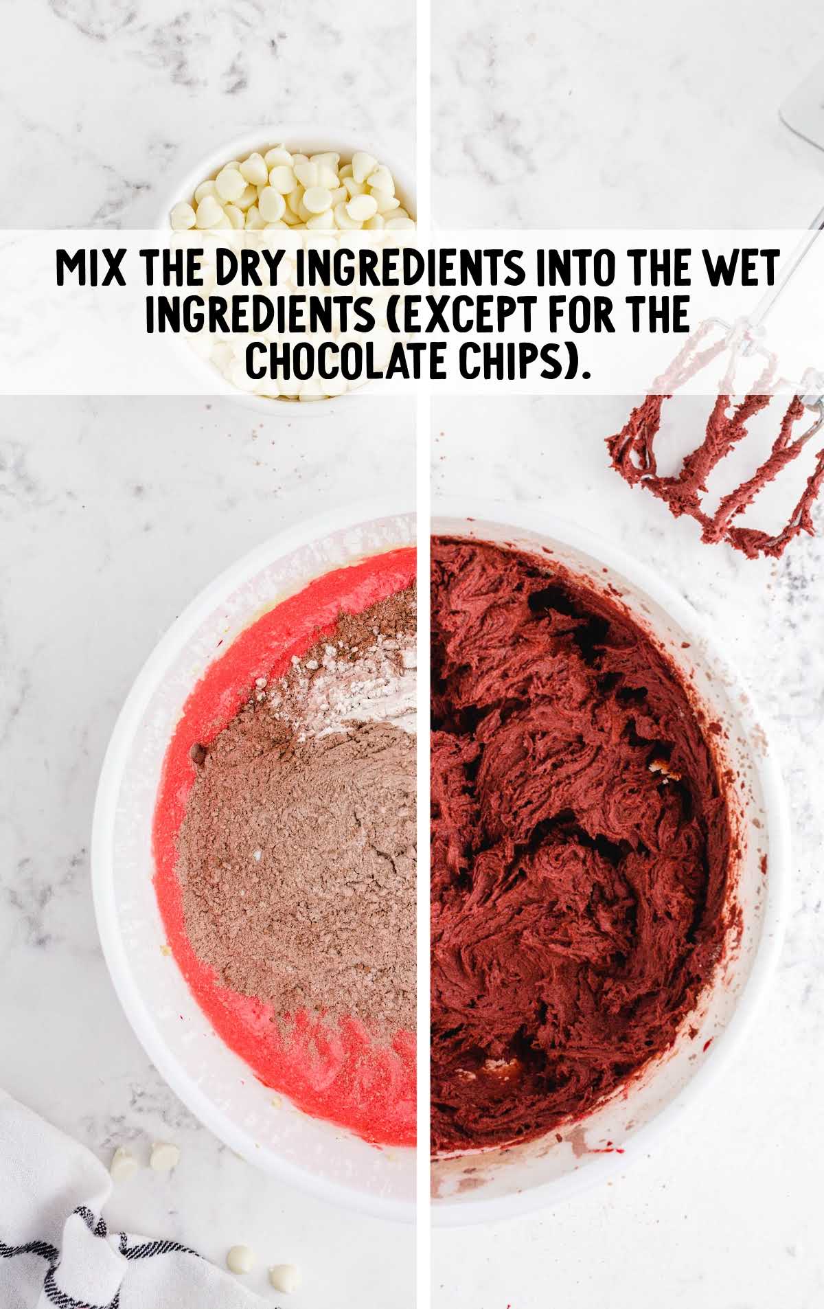 red velvet cookies process shot before and after ingredients are mixed together in a bowl