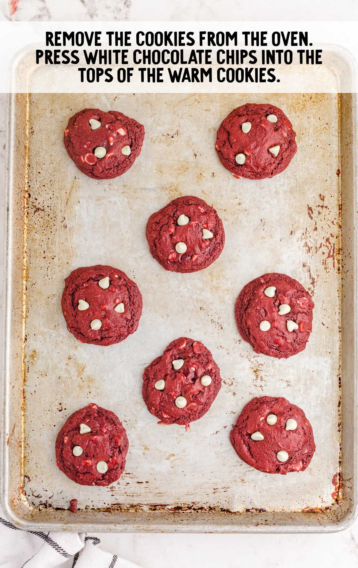 red velvet cookies process shot of cookies on a baking pan before they are baked