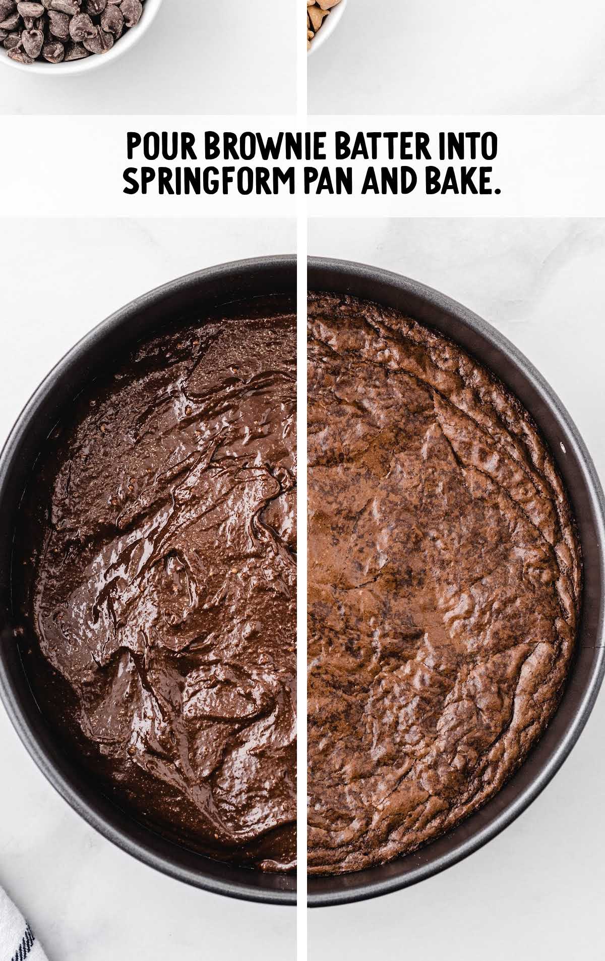 Side-by-side image showing brownie batter in a springform pan before and after baking.