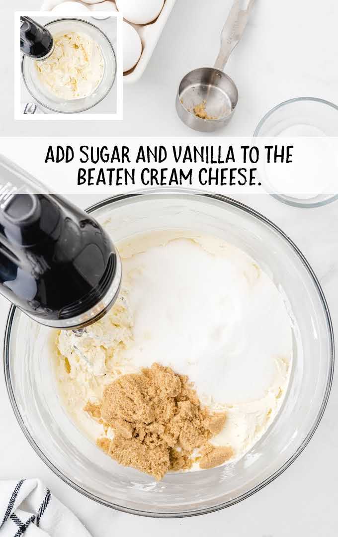 sugar and vanilla being blended together in a large bowl with the cream cheese