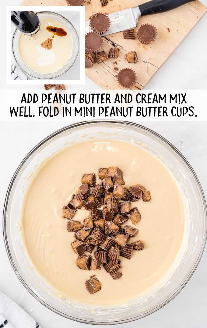 peanut butter and cream added to the egg mixture being blended together in a large bowl and topped with pieces of reese's