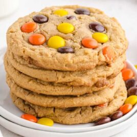 close up overhead shot of Reese's cookies piled on top of each other