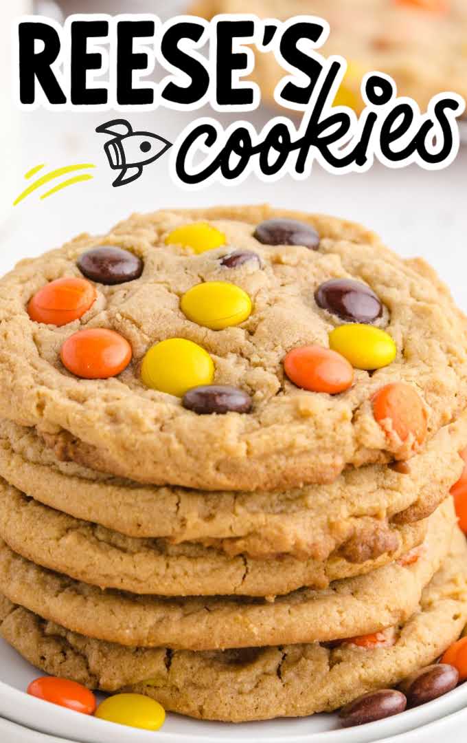 close up shot of Reese's cookies piled on top of each other on a plate