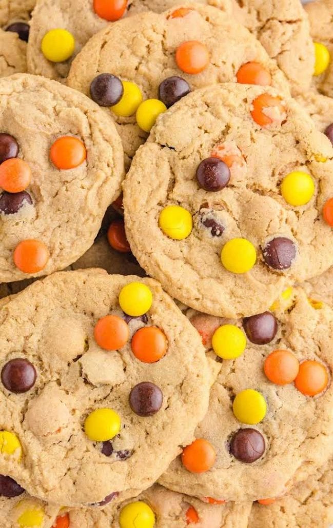 close up overhead shot of Reese's cookies piled on top of each other