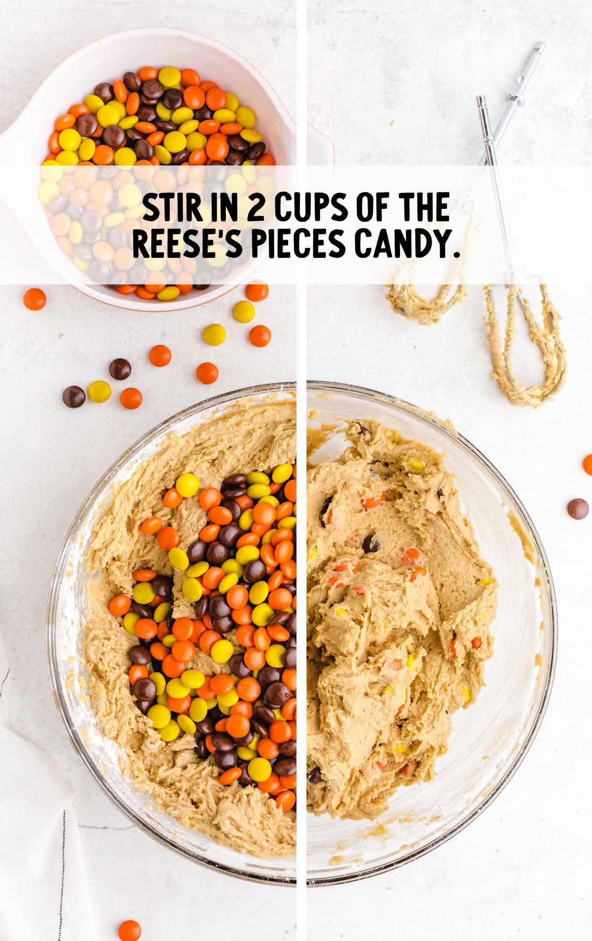 Reese's pieces candy being added to cookie dough
