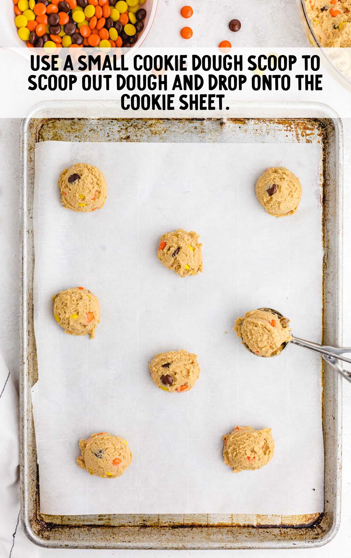 cookie dough placed on baking sheet