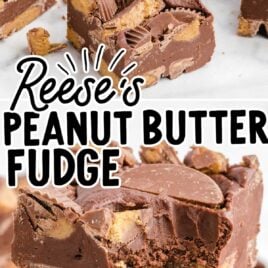 A close up shot of Reese’s Peanut Butter Fudge stacked on top of each other and a close up shot of Reese’s Peanut Butter Fudge