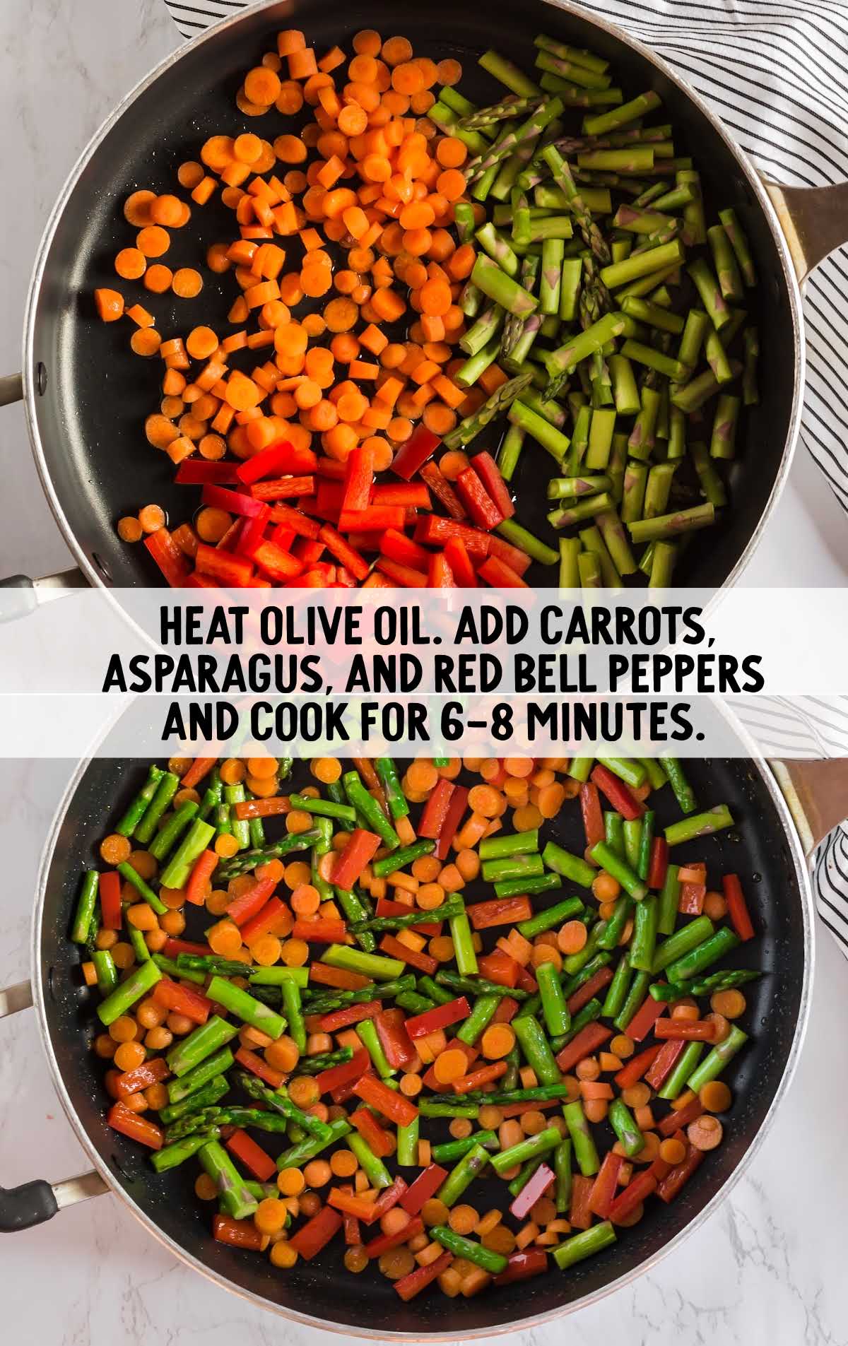carrots, asparagus, and red bell peppers cooked in a pan