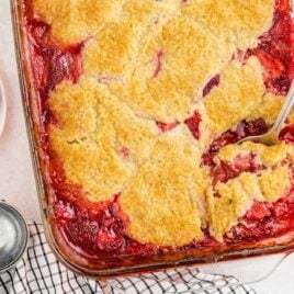 overhead shot of Strawberry Cobbler in a baking dish
