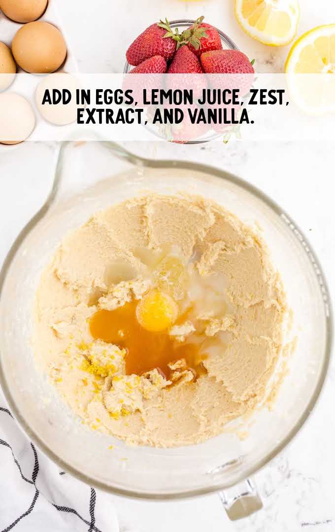 eggs, lemon juice, lemon zest, vanilla extract, and lemon extract combined in a bowl