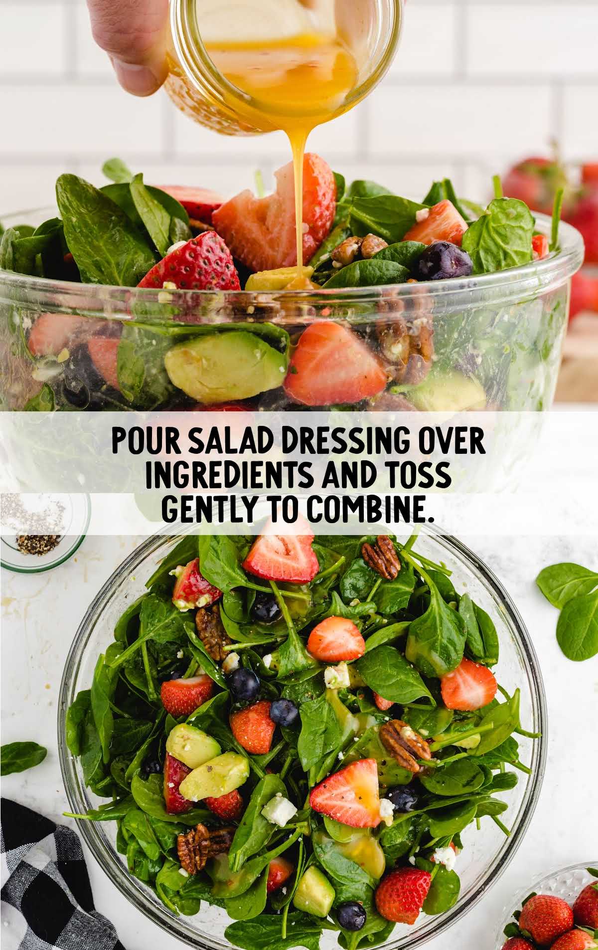 salad dressing poured over the salad ingredients