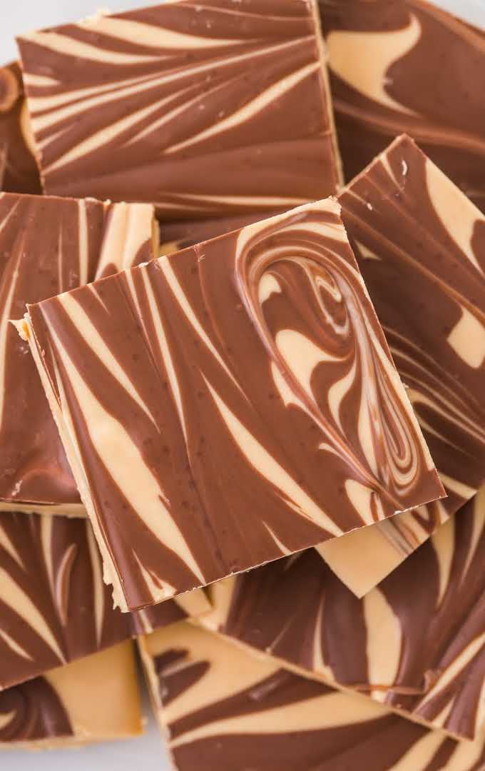 close up overhead shot of tiger fudge stacked on top of each other