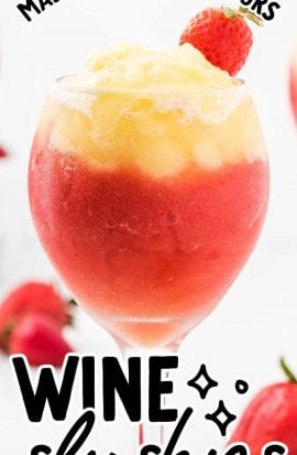 close up shot of wine slushies in a wine glass with strawberries