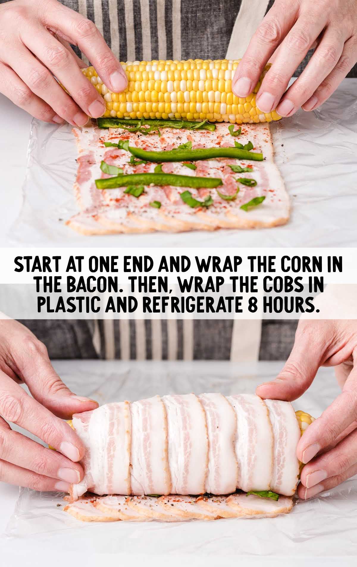 corn being wrapped into bacon