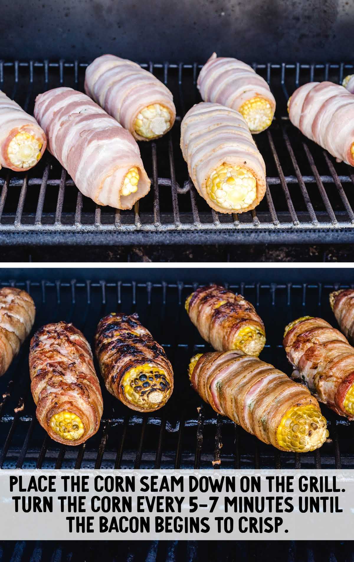 before and after of bacon-wrapped corn is grilled