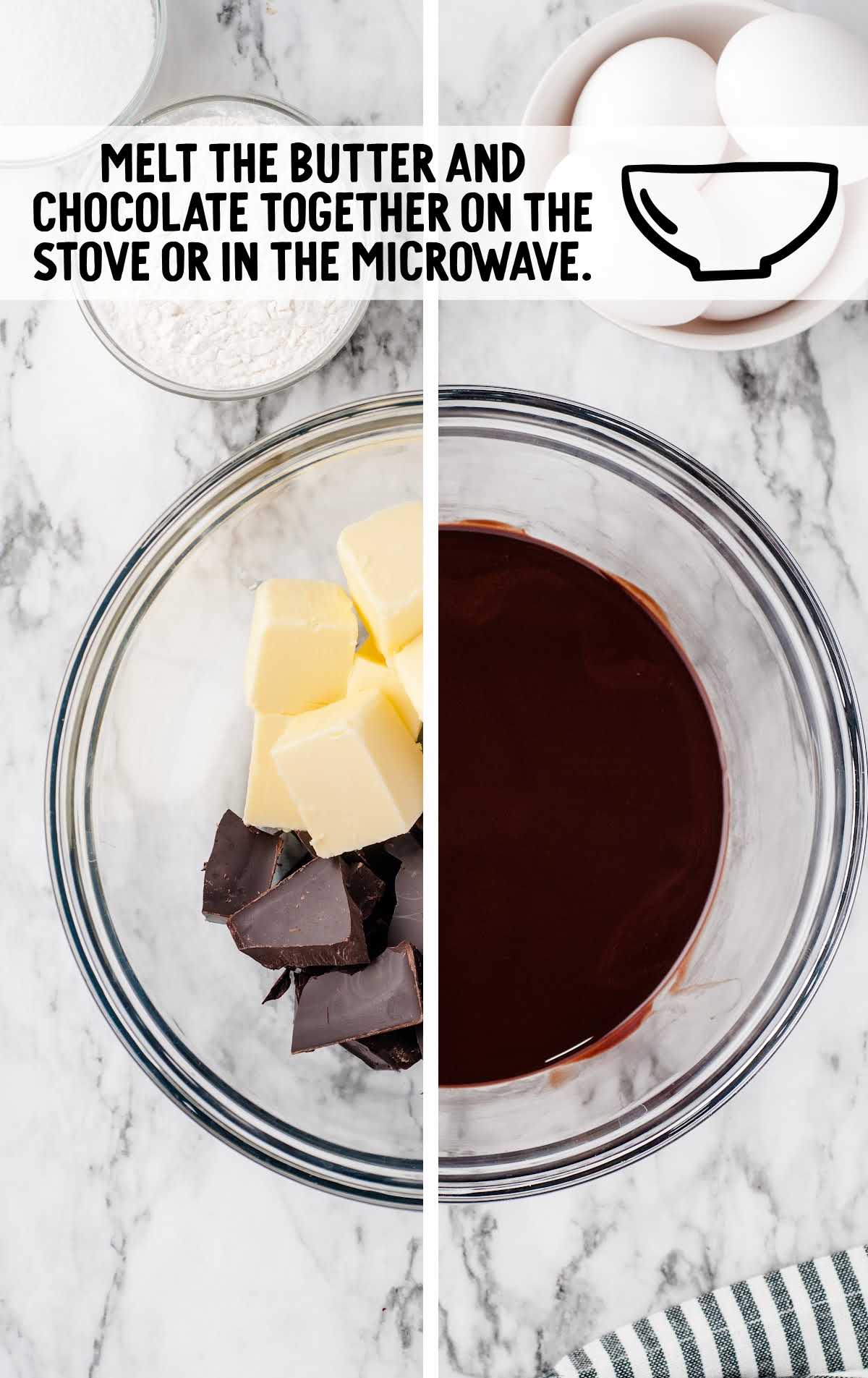 Side-by-side of butter and chocolate chunks in a bowl and melted chocolate mixture after microwaving or stovetop.