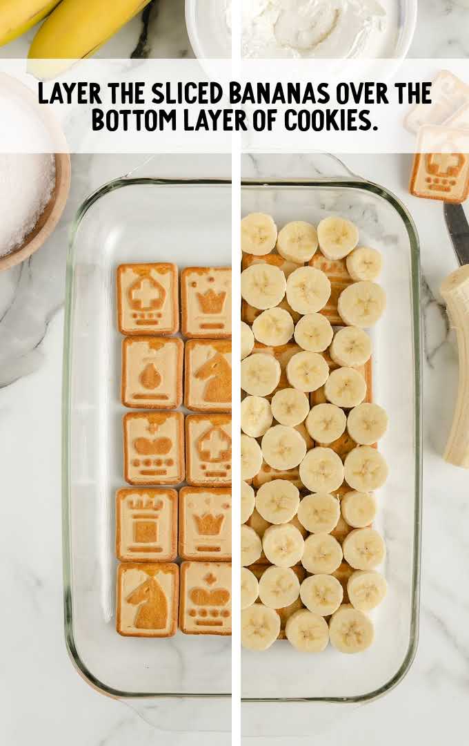 chessmen banana pudding process shot of sliced bananas layer over cookies in a baking dish