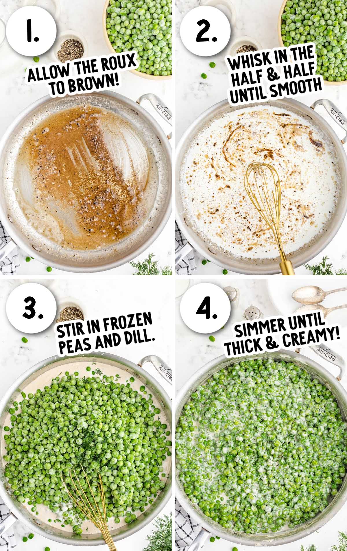 Step-by-step collage showing how to make creamed peas from browning roux to simmering peas in creamy sauce.