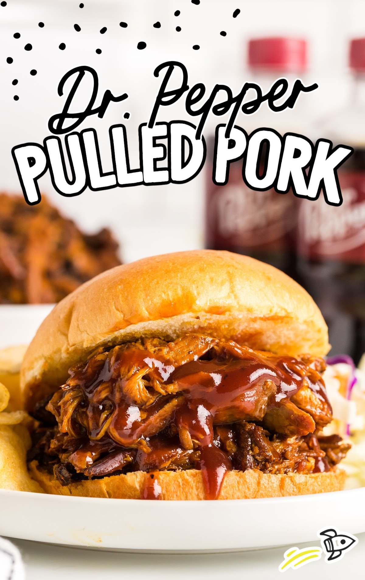 Pulled pork sandwich on a bun with BBQ sauce served with chips and coleslaw on the side.