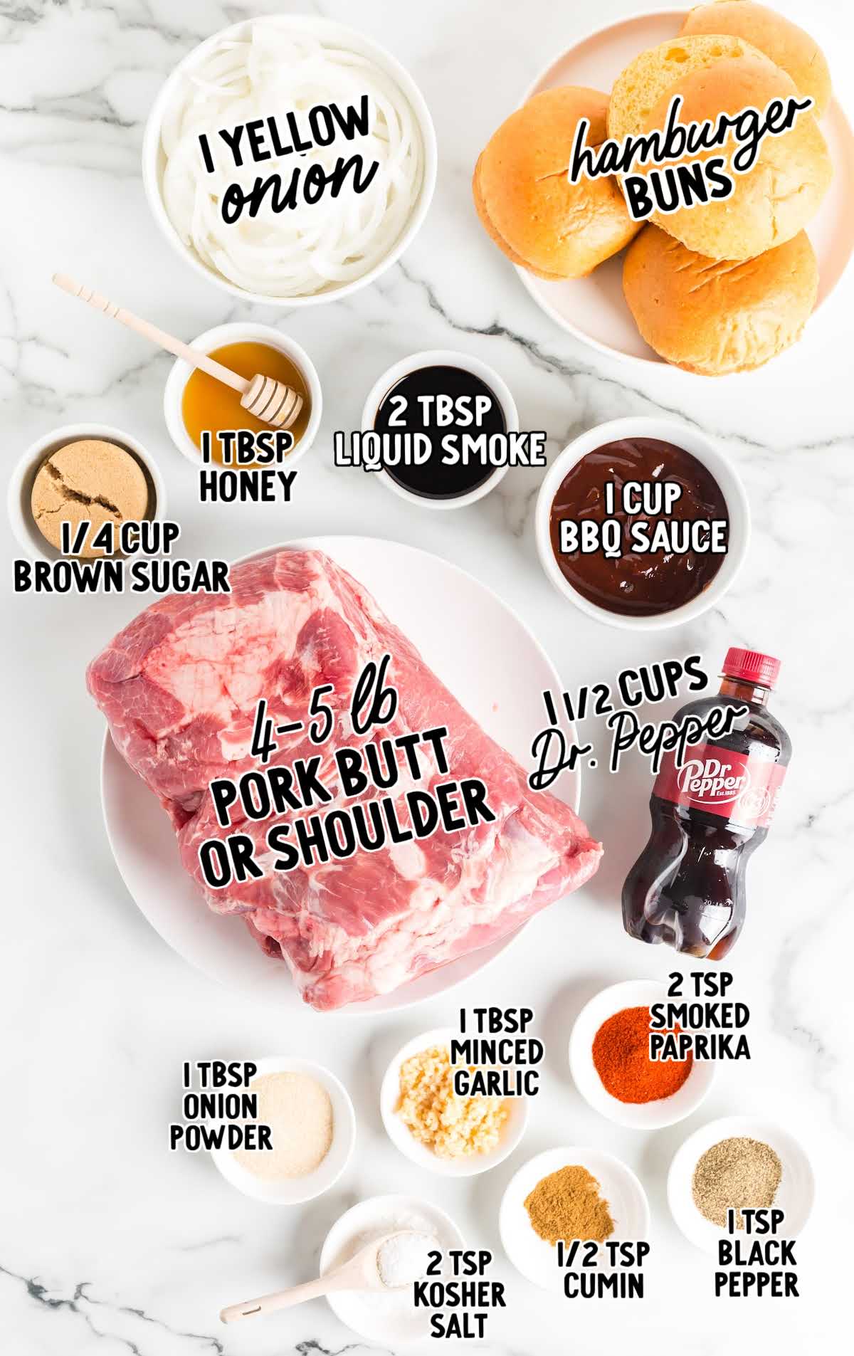 Overhead shot of Dr Pepper pulled pork ingredients with labels.