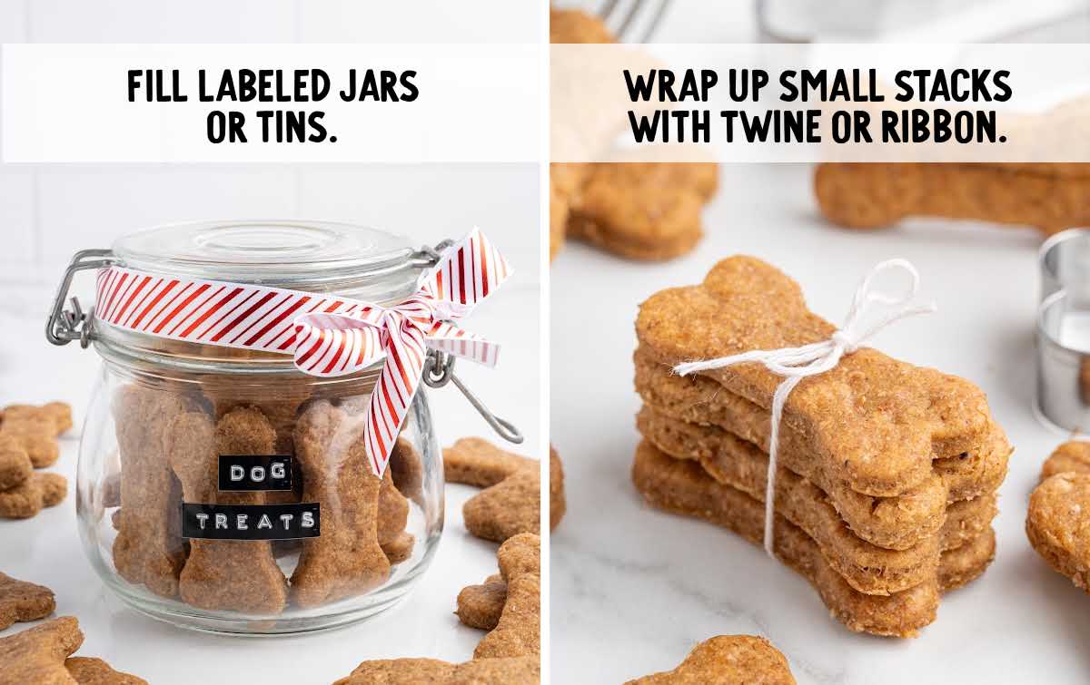 Homemade bone-shaped dog treats in a labeled glass jar with a red-and-white striped ribbon and a stack of tied treats with twine.