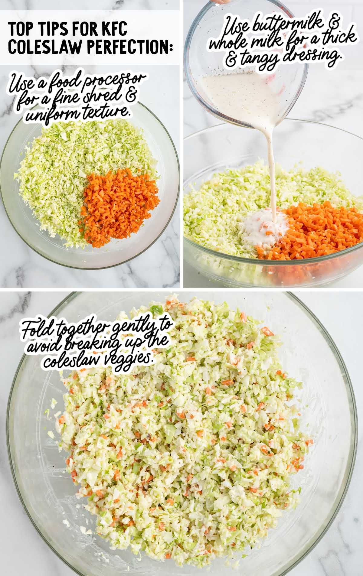 Step-by-step collage showing how to make KFC copycat coleslaw with shredded vegetables, dressing being poured, and the finished coleslaw gently mixed.