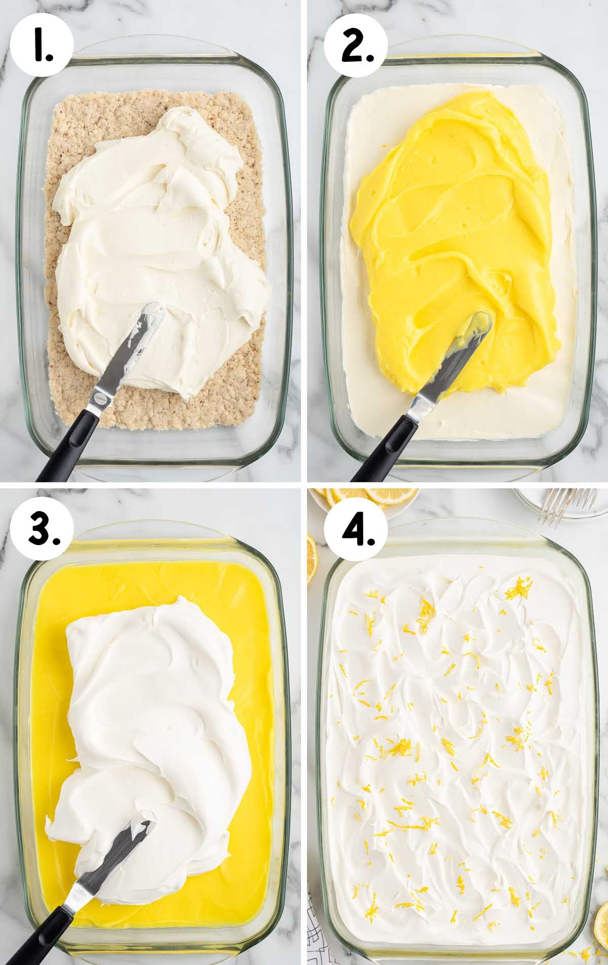 Four-step collage showing layering process of lemon lush dessert from crust to whipped topping in a glass baking dish.
