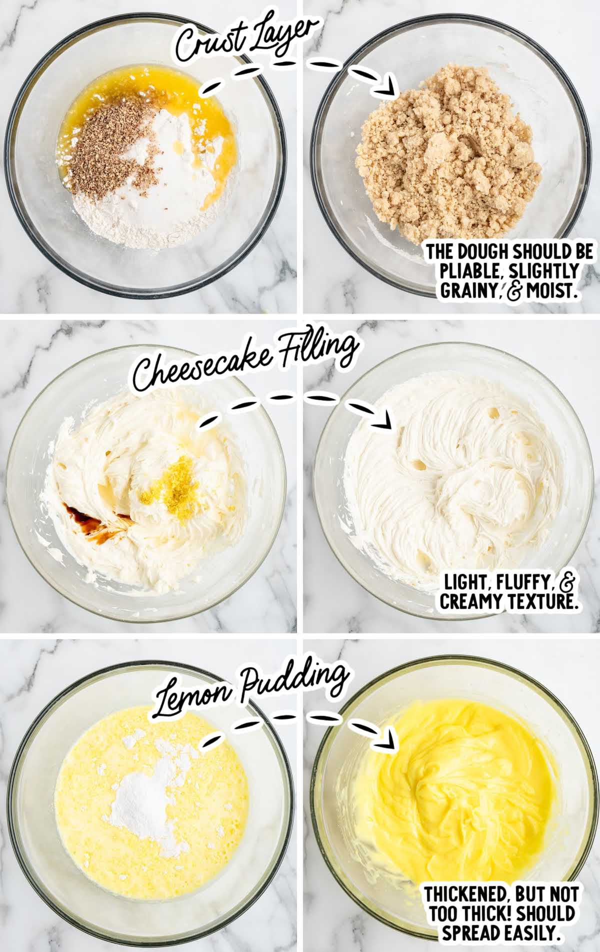 Three-step process image showing how to mix and texture the crust, cheesecake filling, and lemon pudding layers for lemon lush dessert.