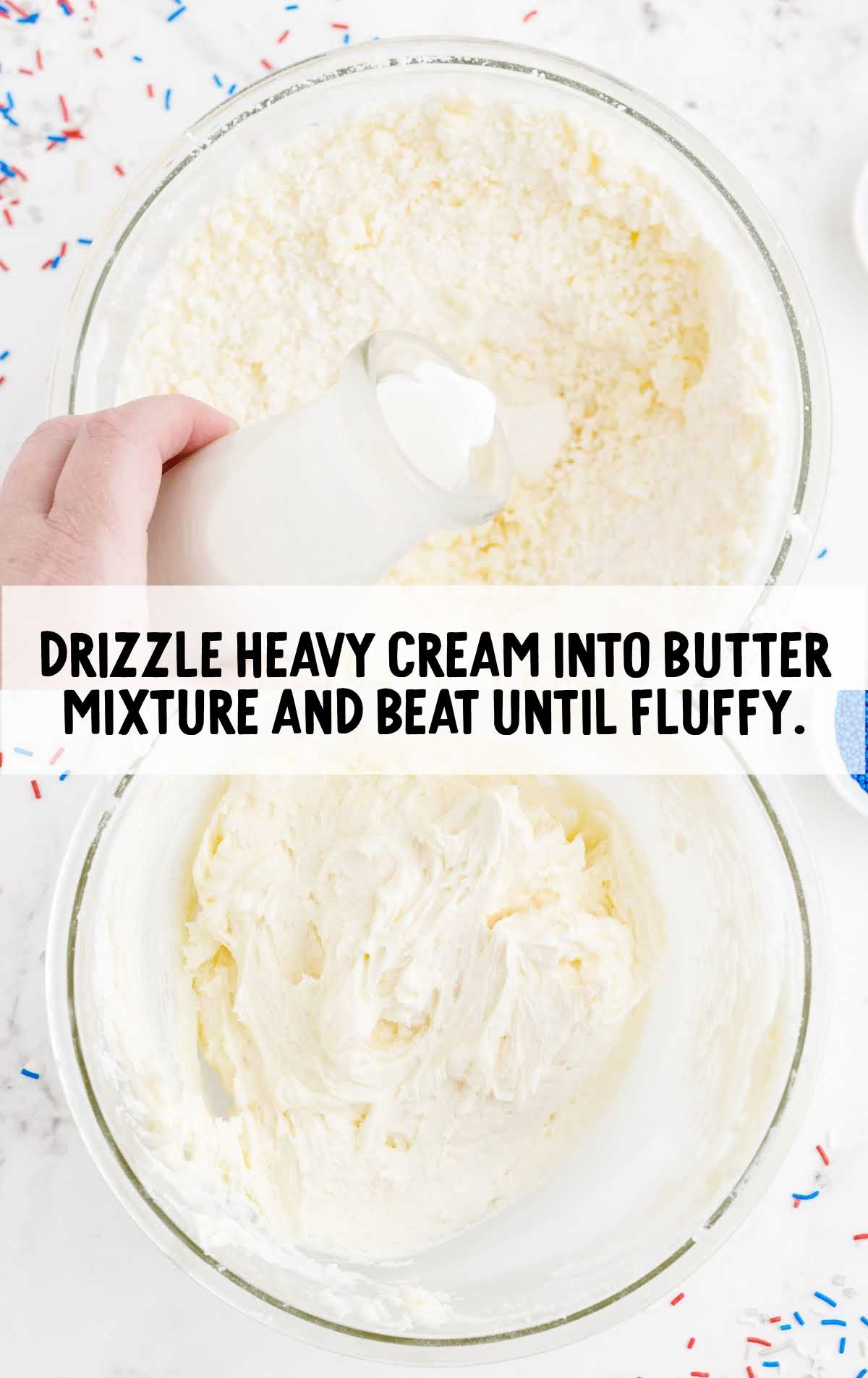 heavy cream drizzled into the butter mixture in the bowl