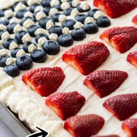 close up shot of American Flag Cake topped with blueberries and strawberries